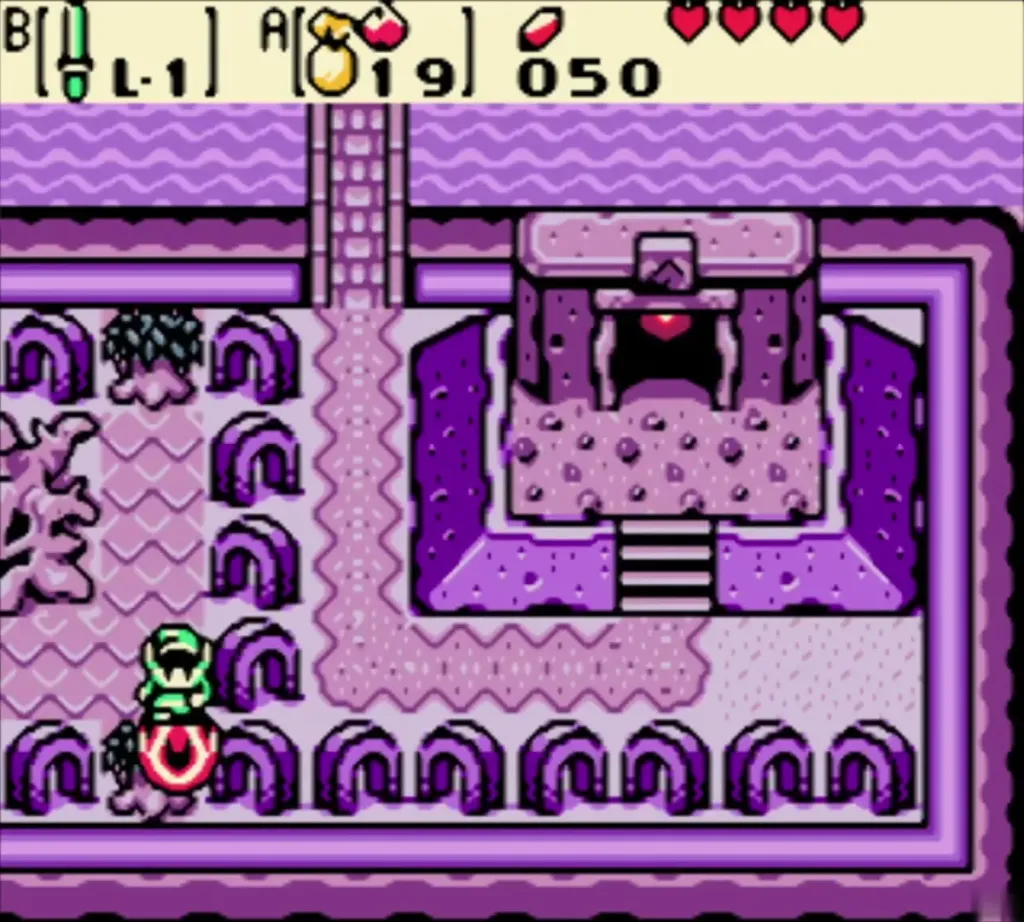 Link using the Seed Satchel to burn a bush in Yoll Graveyard Link using the Seed Satchel to burn a bush in Yoll Graveyard