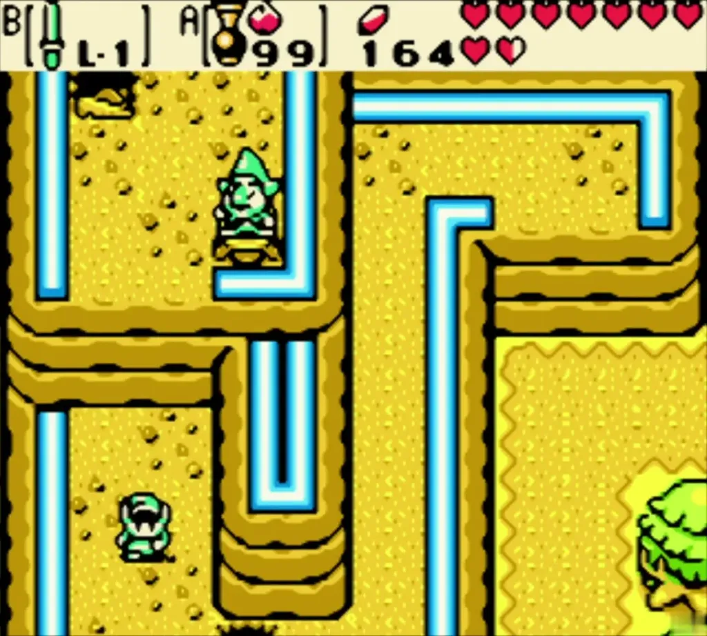 Link walking away from Tingle with the enlarged Seed Satchel Link walking away from Tingle with the enlarged Seed Satchel