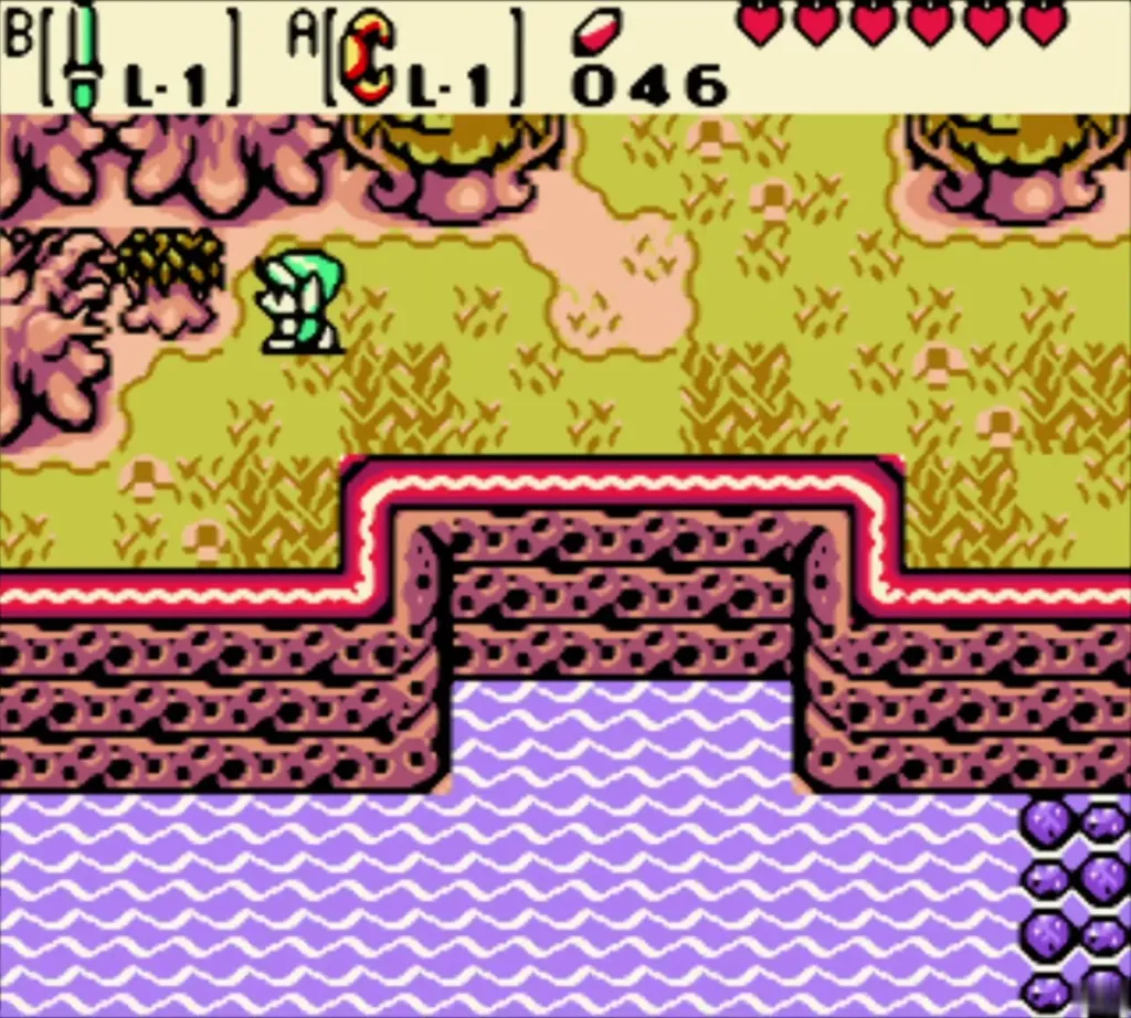 Link beside the lone tree by the water on the Deku Forest path Link beside the lone tree by the water on the Deku Forest path