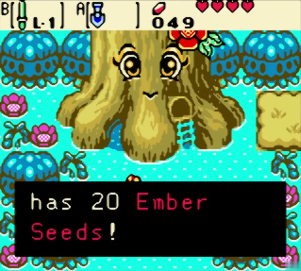 Link getting the Seed Satchel with 20 Ember Seeds from the Maku Tree Link getting the Seed Satchel with 20 Ember Seeds from the Maku Tree