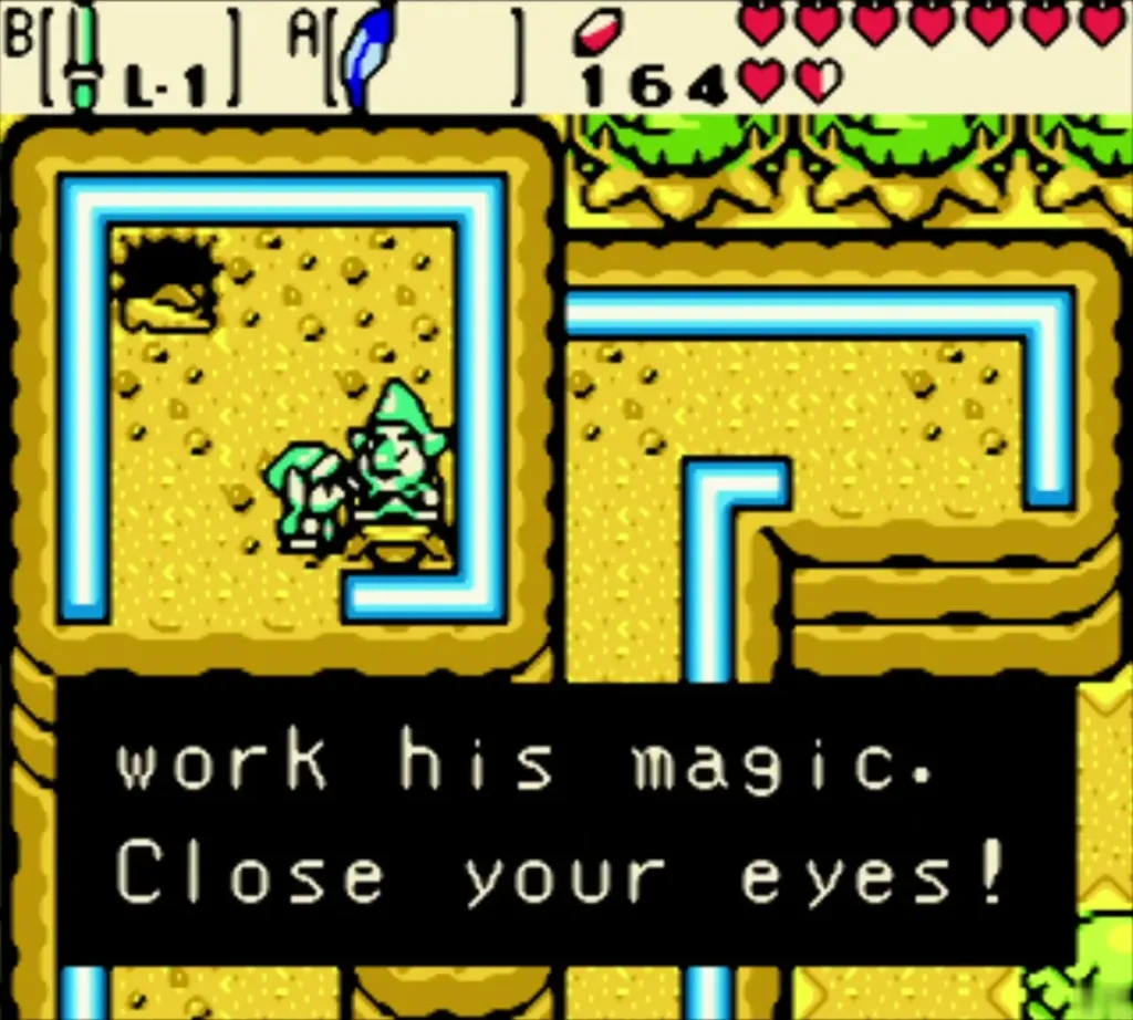 Tingle telling Link to close his eyes before the satchel magic Tingle telling Link to close his eyes before the satchel magic
