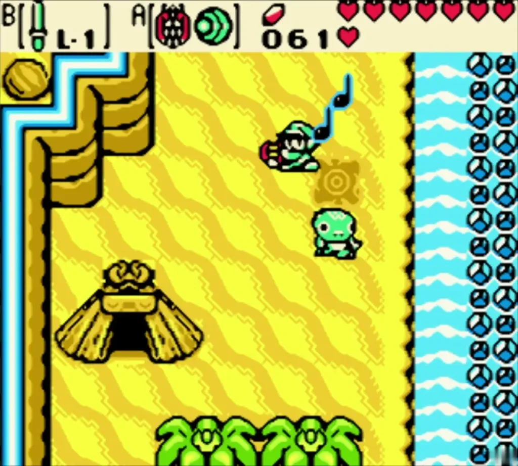 Link playing the Harp of Ages beside the Crescent Island hut Link playing the Harp of Ages beside the Crescent Island hut