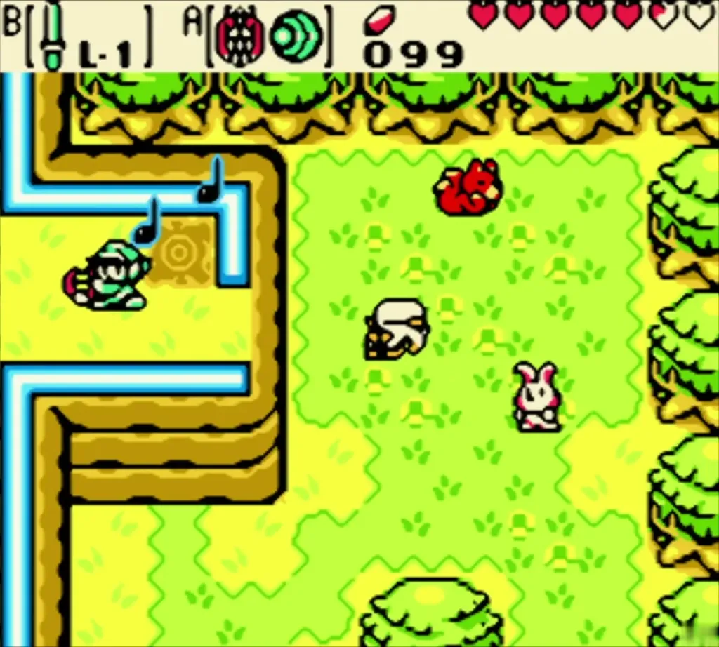 Link beginning to play the Harp of Ages on the Lynna City portal pad Link beginning to play the Harp of Ages on the Lynna City portal pad