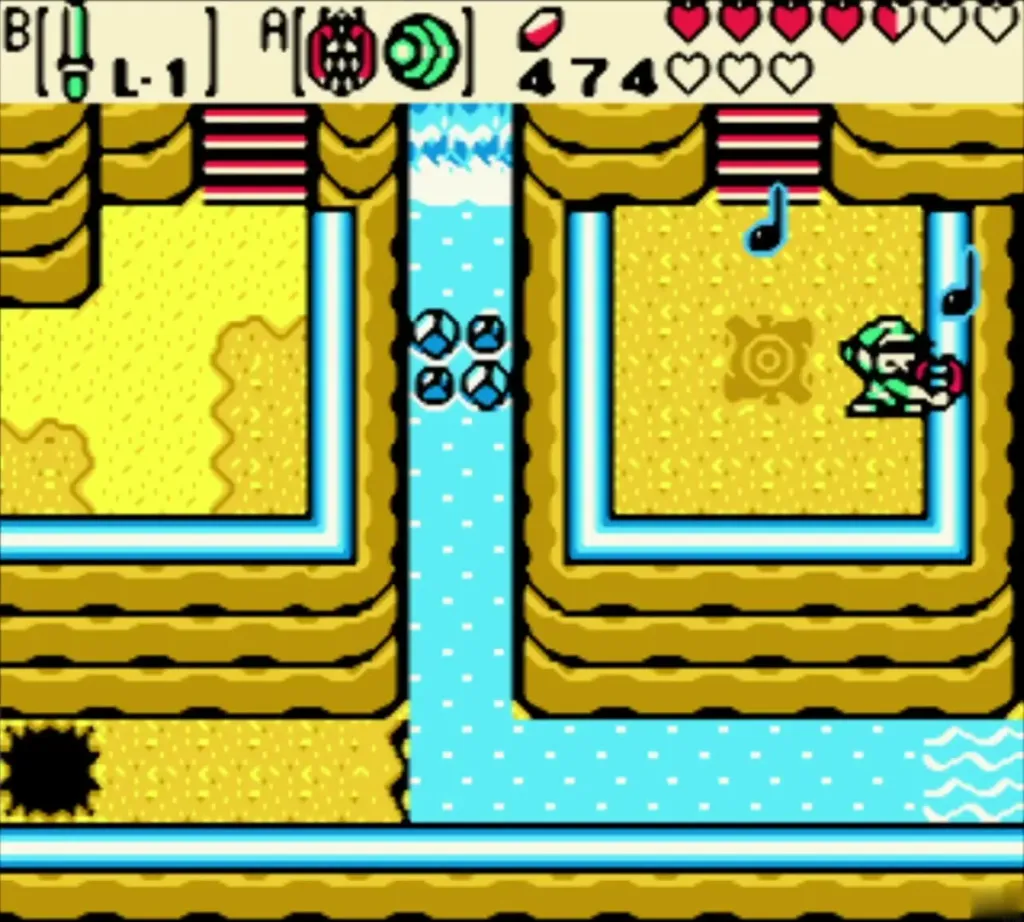 Link playing the Harp of Ages on the yellow Rolling Ridge ledge beside the cyan water Link playing the Harp of Ages on the yellow Rolling Ridge ledge beside the cyan water