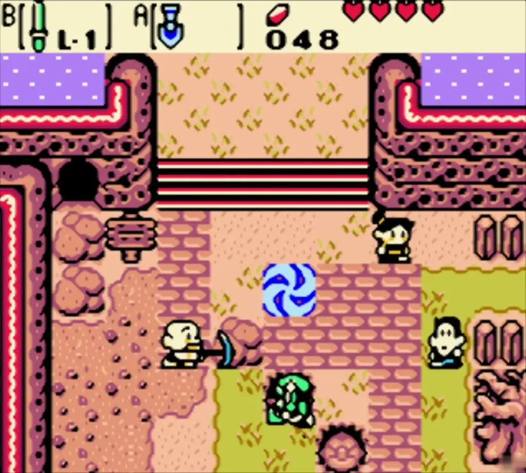 Link on the Lynna Village path moving toward the swirl portal pad Link on the Lynna Village path moving toward the swirl portal pad
