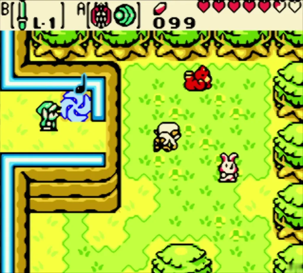 Blue swirl portal opening beside Link on the Lynna City pad Blue swirl portal opening beside Link on the Lynna City pad