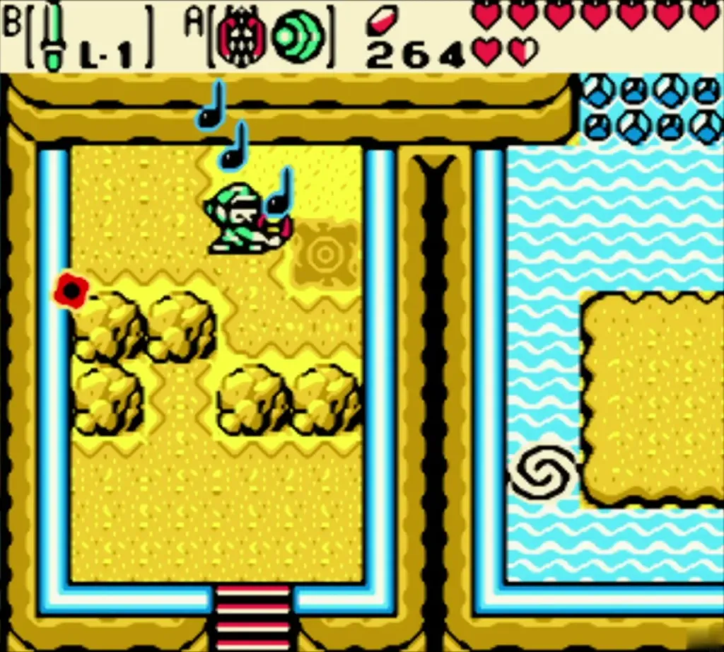 Link playing the harp at a dormant Talus Peaks portal Link playing the harp at a dormant Talus Peaks portal