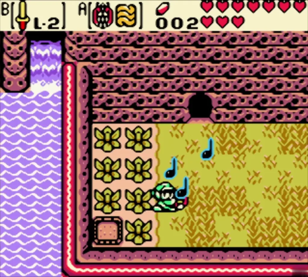 Link playing the Tune of Currents in the purple-water past area with notes rising Link playing the Tune of Currents in the purple-water past area with notes rising