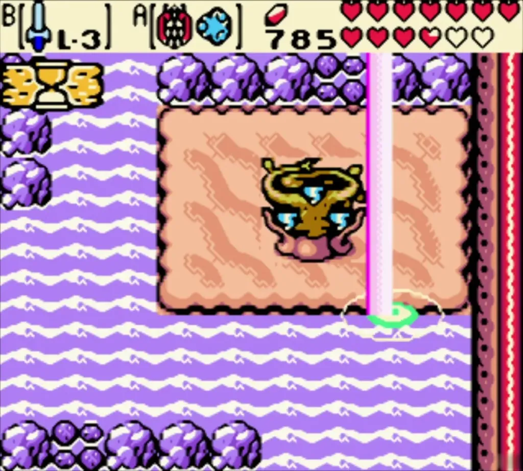White time pillar rising beside the islet in the purple Zora Sea White time pillar rising beside the islet in the purple Zora Sea