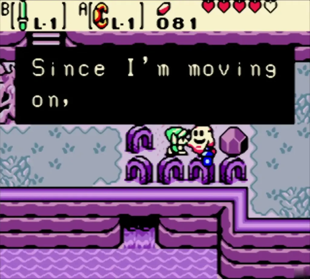 Poe the ghost talking to Link beside the purple tombstones in Yoll Graveyard