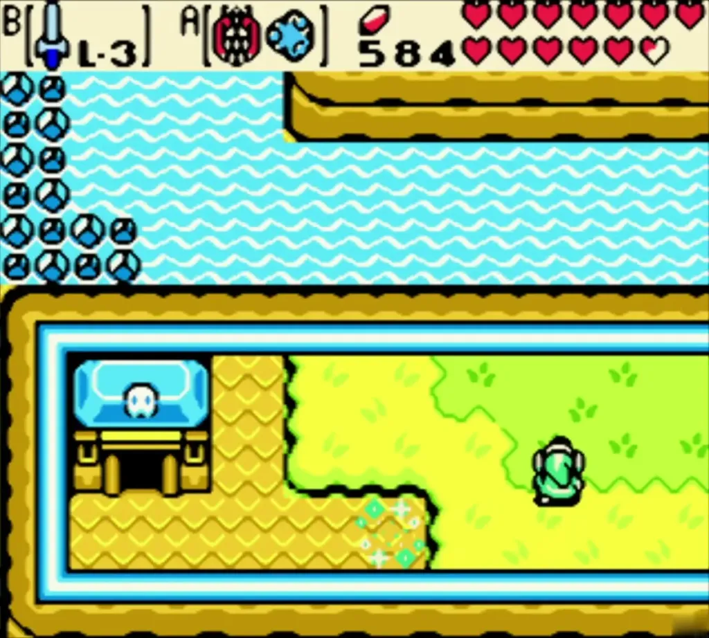 Link on the present-day ledge beside a blue chest, water above Link on the present-day ledge beside a blue chest, water above