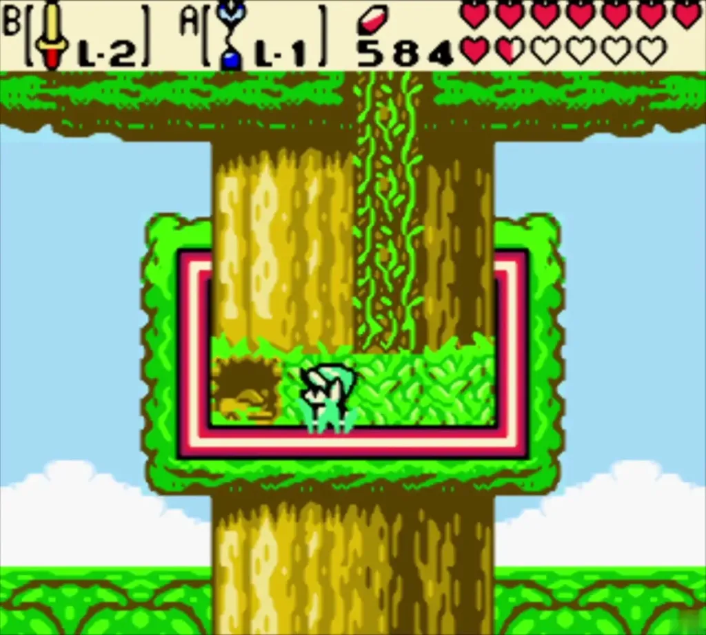 Link on the trunk ledge ready to climb back down the vines Link on the trunk ledge ready to climb back down the vines
