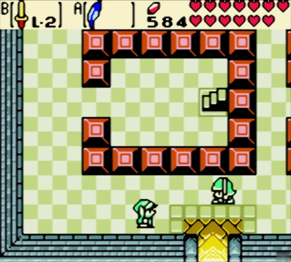 Block room with a staircase inside a ring of orange blocks near a gold door Block room with a staircase inside a ring of orange blocks near a gold door