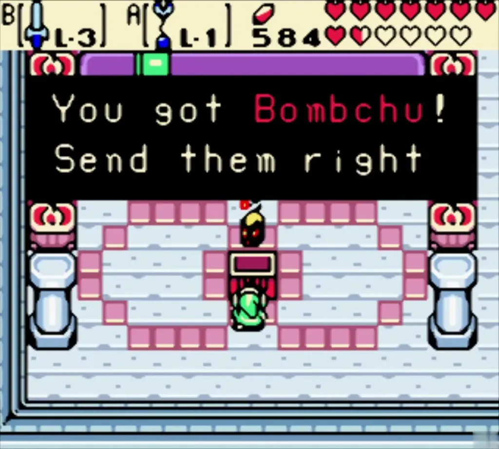 Link holding up Bombchu over the red chest with the You got Bombchu box Link holding up Bombchu over the red chest with the You got Bombchu box