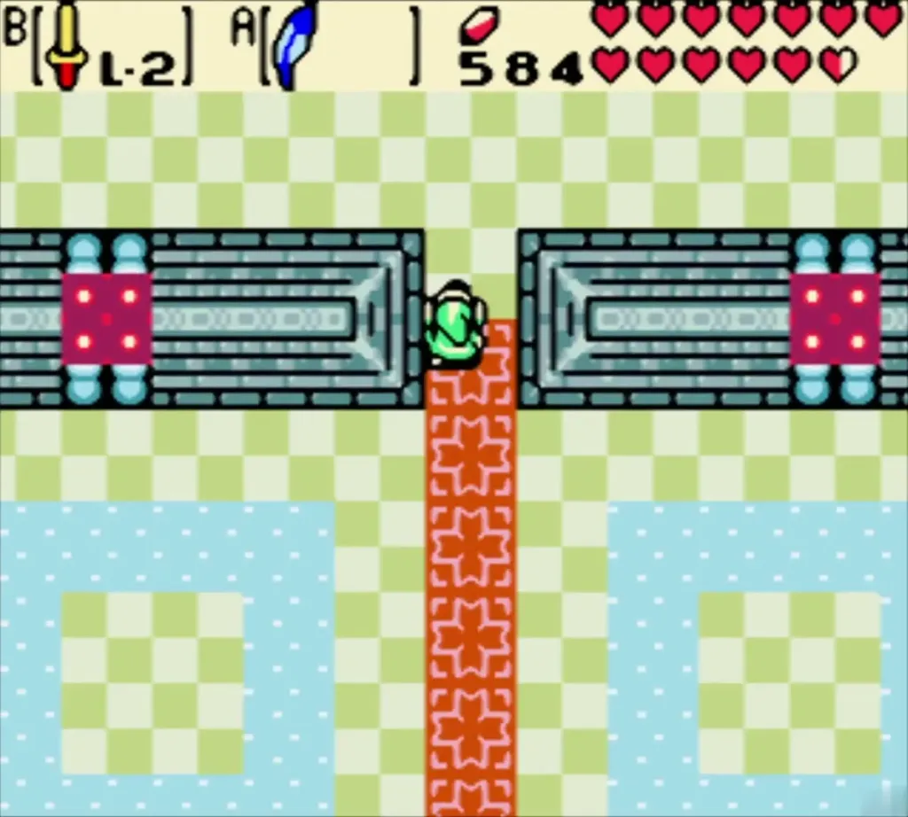 Link crossing a red carpet into the checkered boss chamber Link crossing a red carpet into the checkered boss chamber