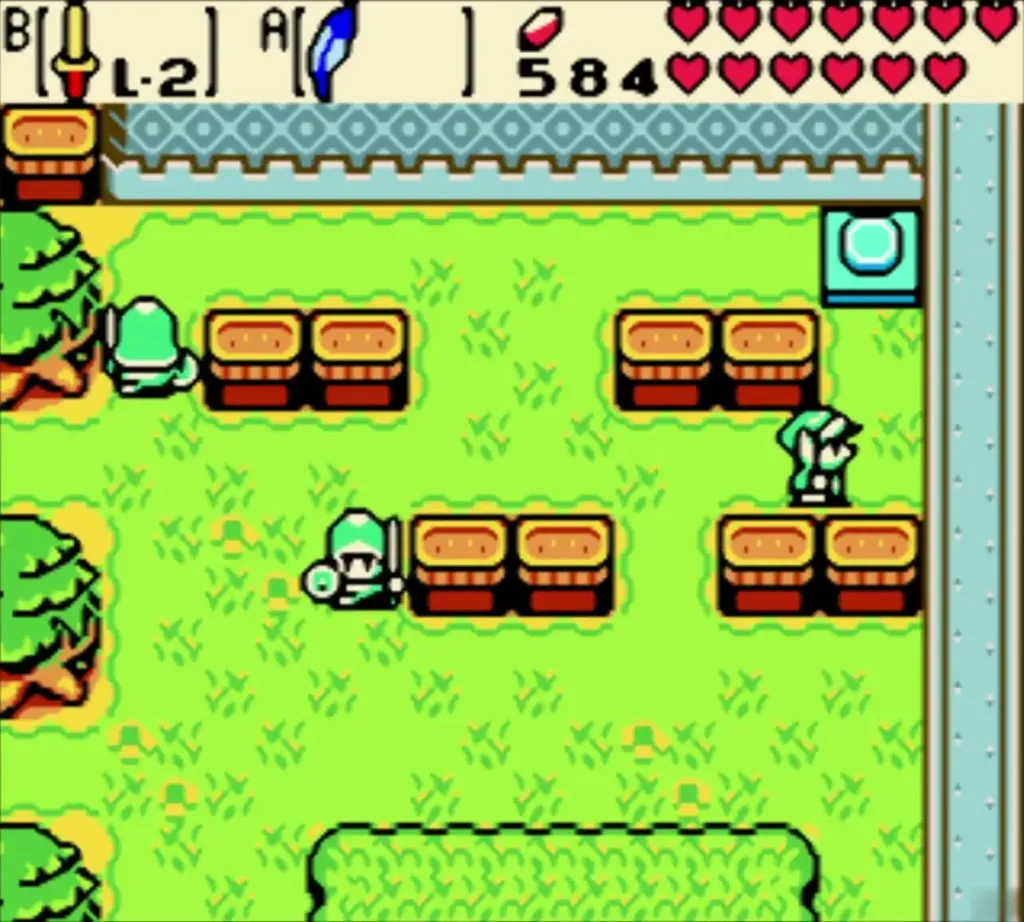 Link running along a row of blocks toward the corner button with guards nearby Link running along a row of blocks toward the corner button with guards nearby