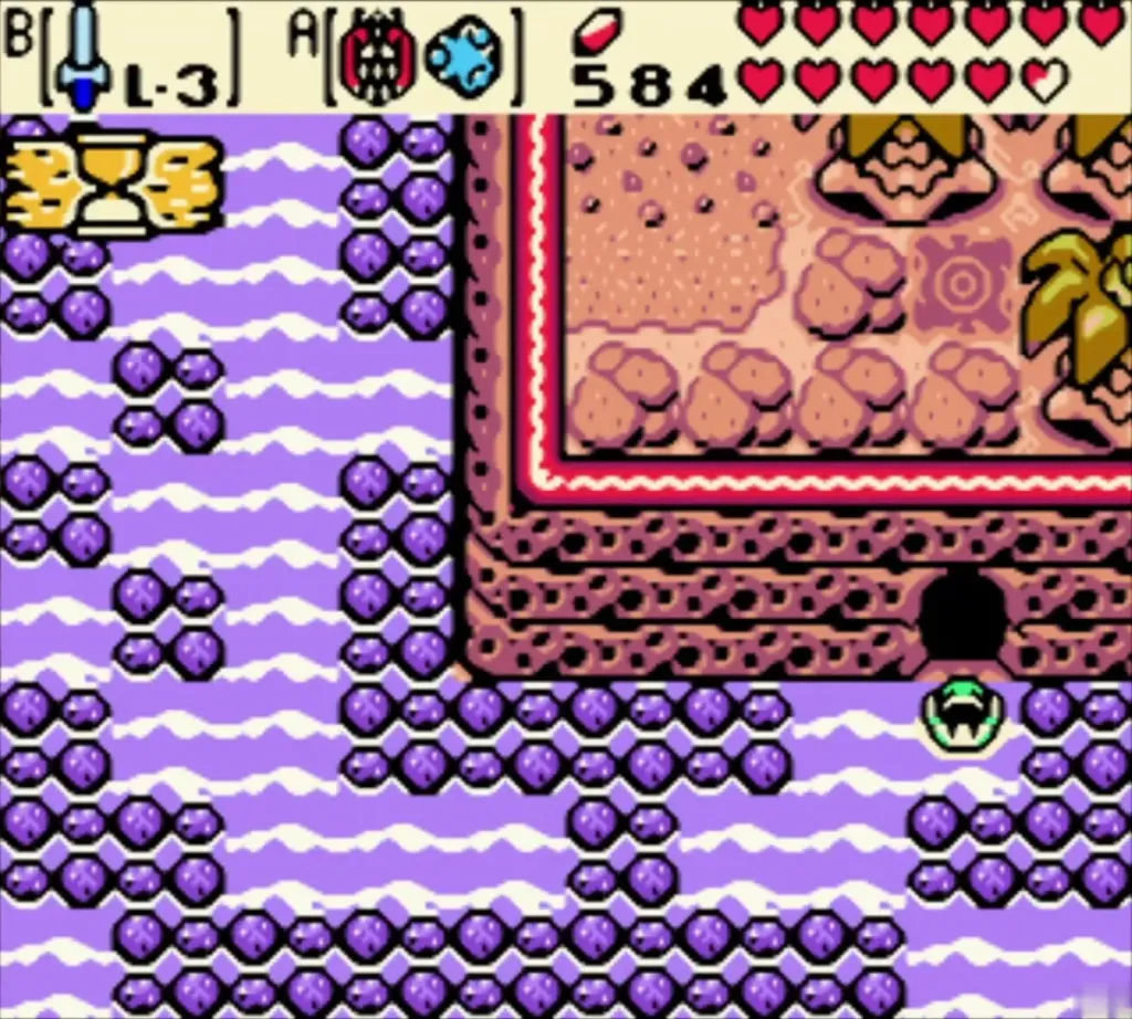 Link swimming to the hole in the pink rock on the island cliff Link swimming to the hole in the pink rock on the island cliff