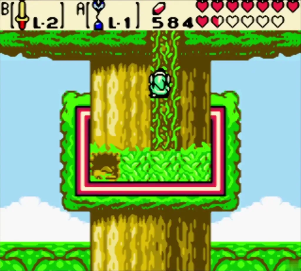 Link climbing the vines up the Maku Tree trunk toward the leafy crown Link climbing the vines up the Maku Tree trunk toward the leafy crown