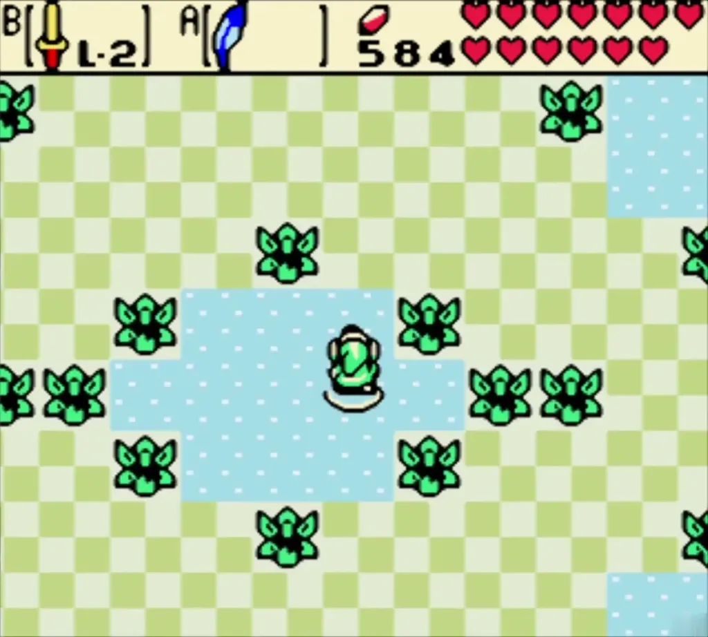 Link standing on pale blue floor among healing fairies with full hearts Link standing on pale blue floor among healing fairies with full hearts