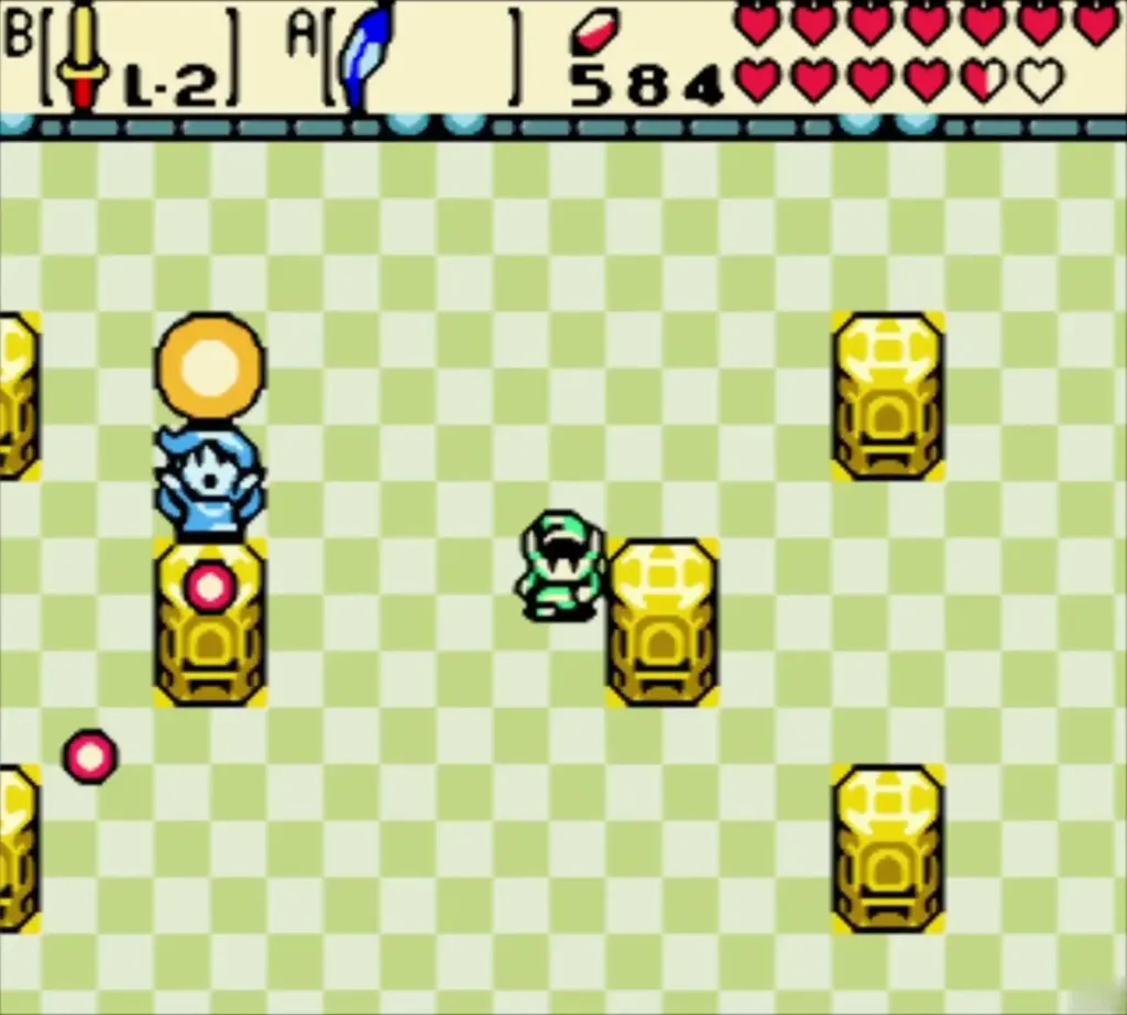 Fireballs flying across the chamber while Link steps between them Fireballs flying across the chamber while Link steps between them