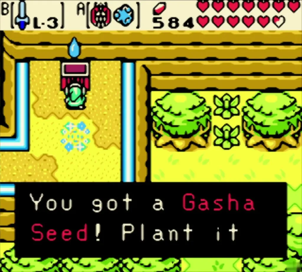 Link holding up a Gasha Seed from the chest with the full item box Link holding up a Gasha Seed from the chest with the full item box