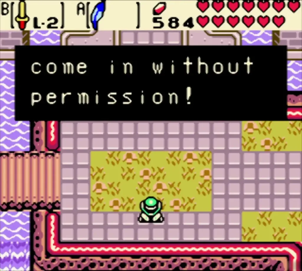 A guard telling Link he cannot come in without permission A guard telling Link he cannot come in without permission
