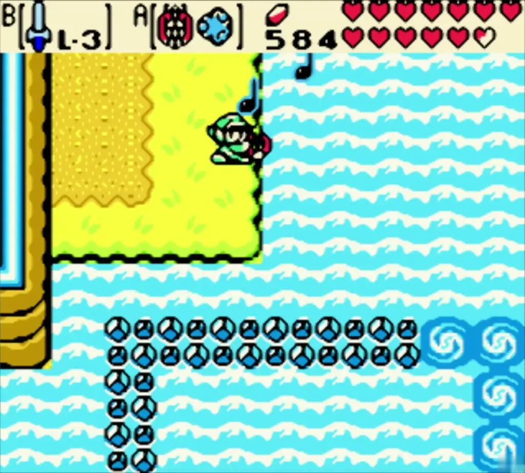 Link playing the Tune of Ages on the beach beside blue water Link playing the Tune of Ages on the beach beside blue water