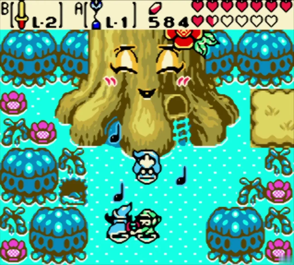 Link and Ralph playing along as the tune is taught, notes floating Link and Ralph playing along as the tune is taught, notes floating