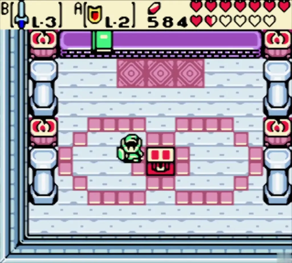 Link walking up to the red chest in the middle of the room Link walking up to the red chest in the middle of the room