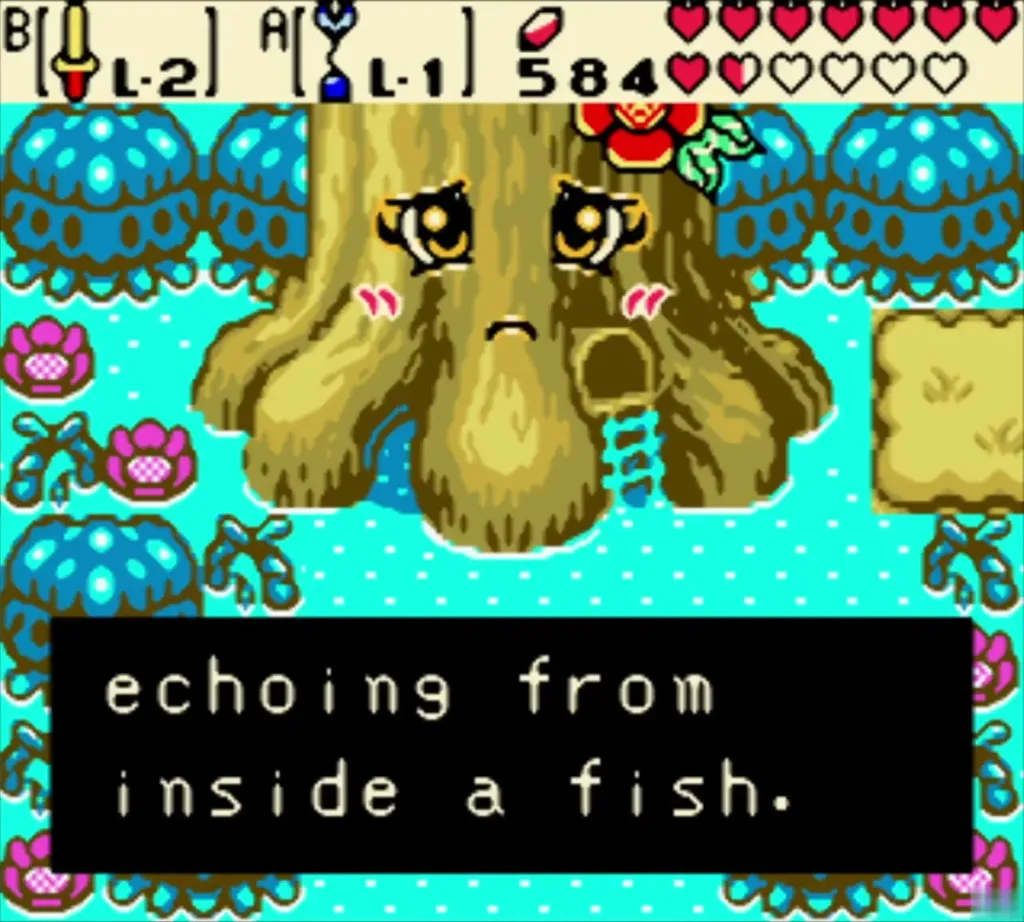 Maku Tree telling Link an essence is echoing from inside a fish Maku Tree telling Link an essence is echoing from inside a fish