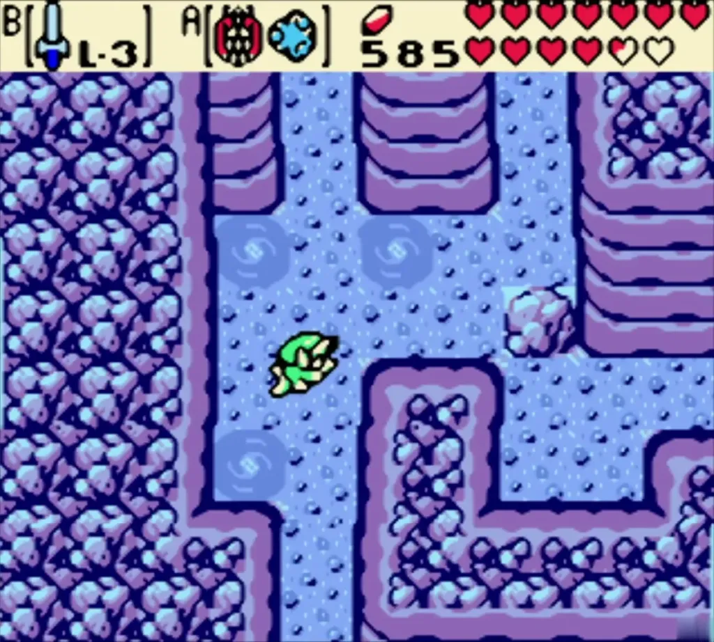 Link swimming a narrow maze channel between rock walls and whirlpools Link swimming a narrow maze channel between rock walls and whirlpools