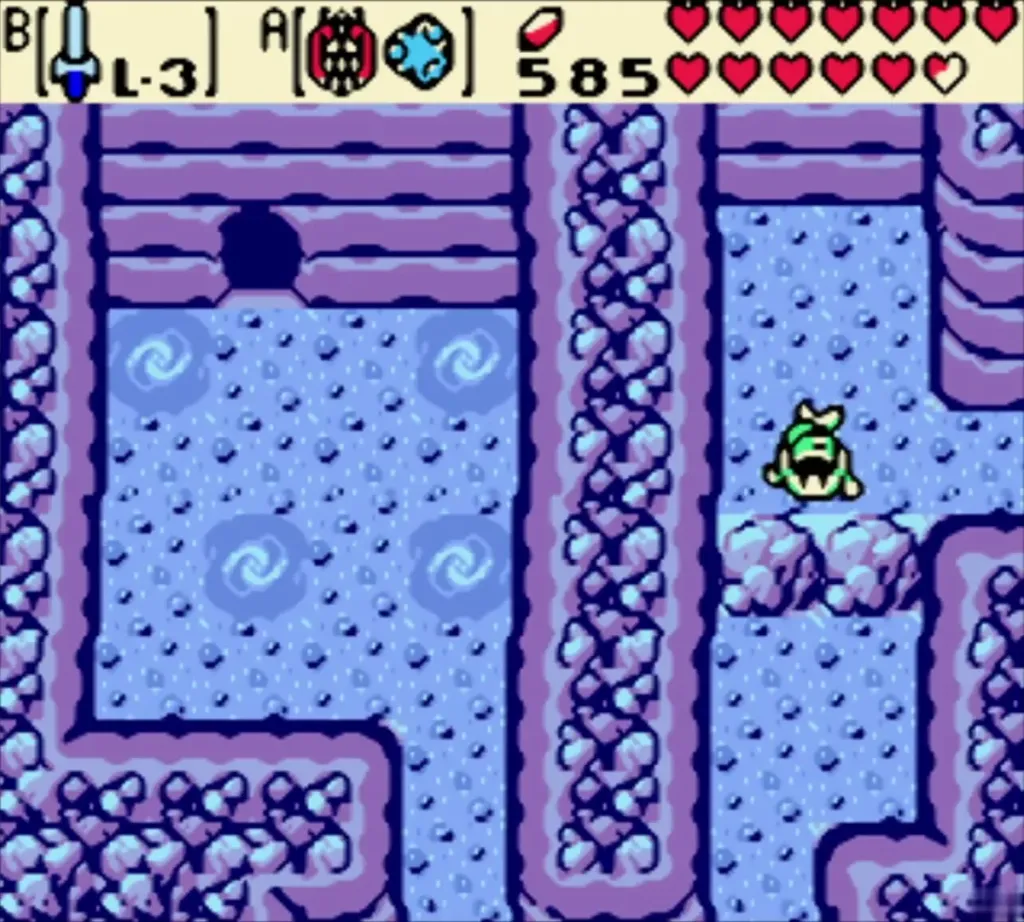 Link swimming in the underwater maze beside a cluster of whirlpools Link swimming in the underwater maze beside a cluster of whirlpools