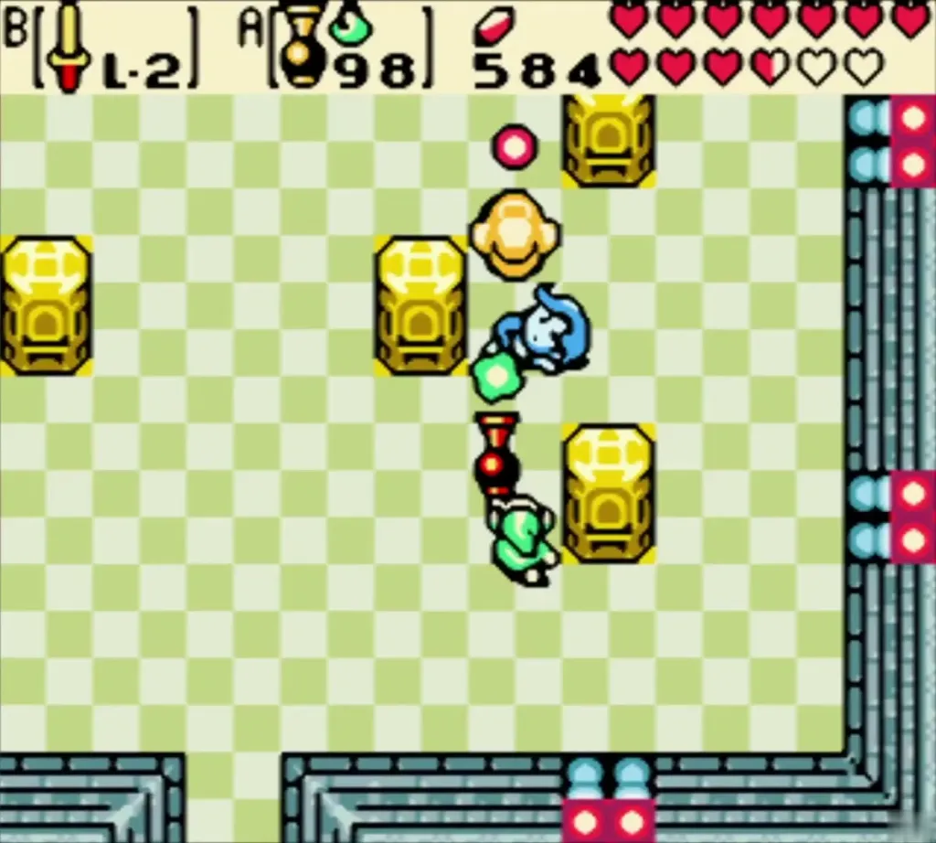 Link and Nayru in the chamber with a seed shot flying toward her Link and Nayru in the chamber with a seed shot flying toward her