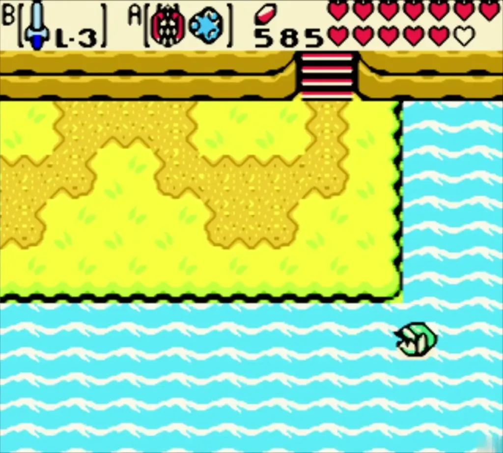 Link swimming across the open sea past a sandy island Link swimming across the open sea past a sandy island