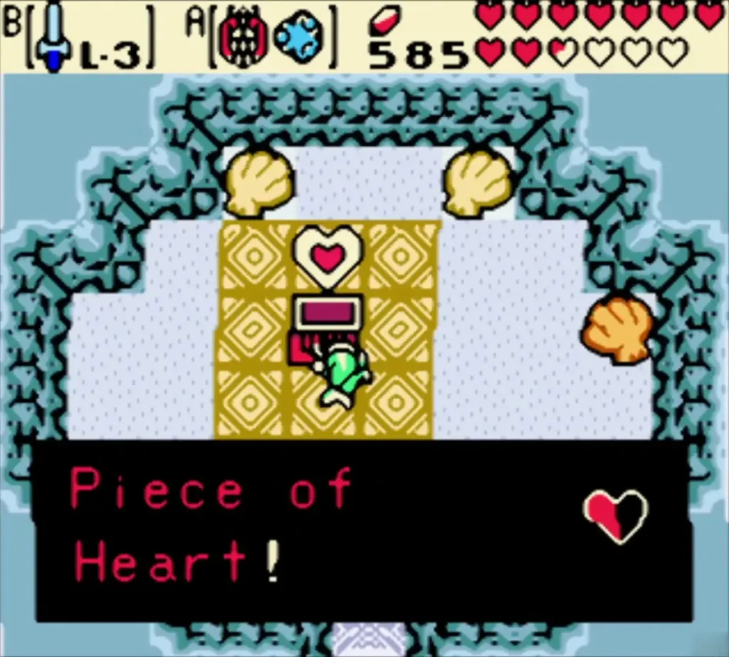 Link holding up the Piece of Heart with the full item box in the golden-tile cave Link holding up the Piece of Heart with the full item box in the golden-tile cave