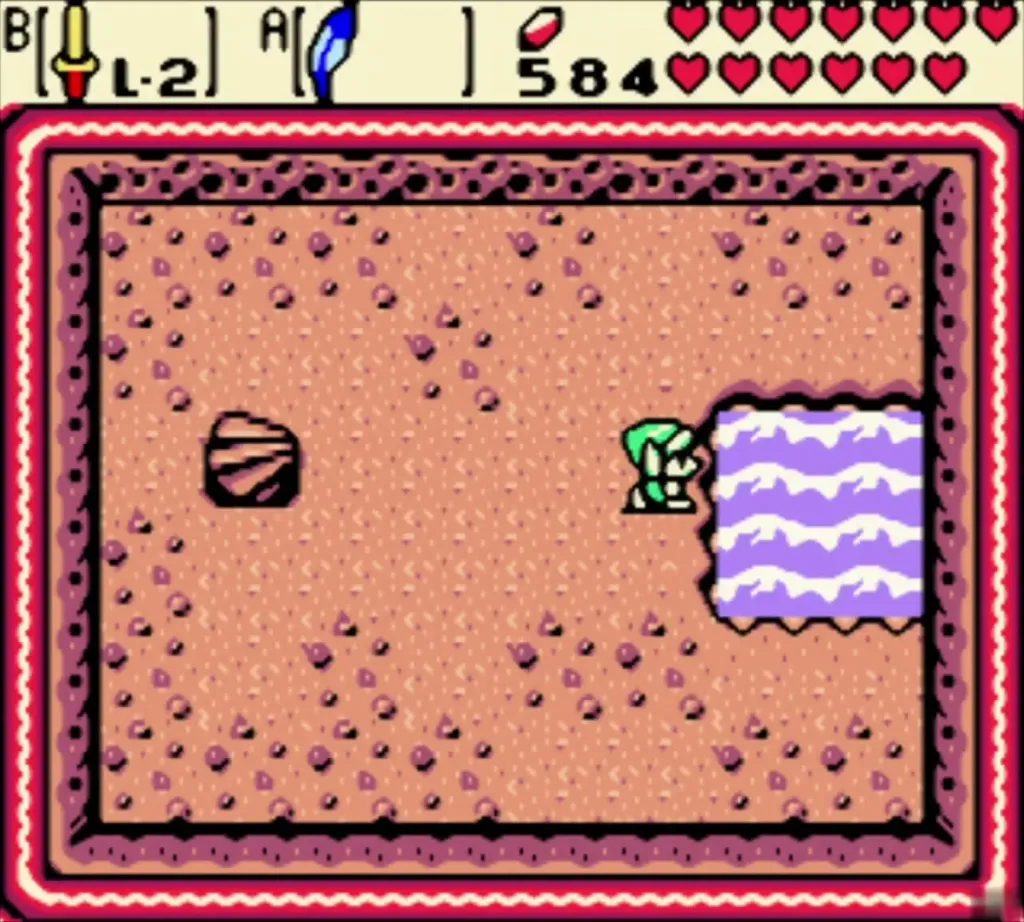 Link in the small cave beside the purple pond at the bottom of the stairs Link in the small cave beside the purple pond at the bottom of the stairs