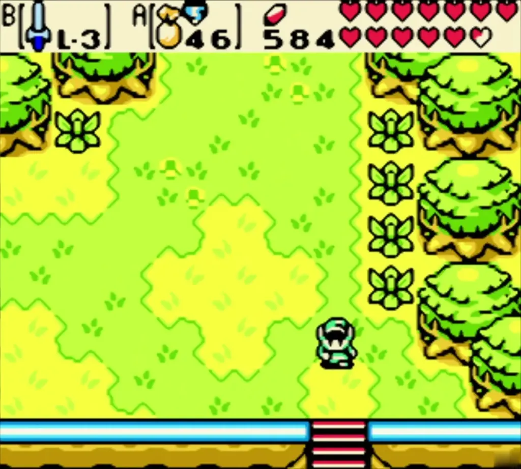 Link walking south across the yellow-green meadow toward the shore Link walking south across the yellow-green meadow toward the shore