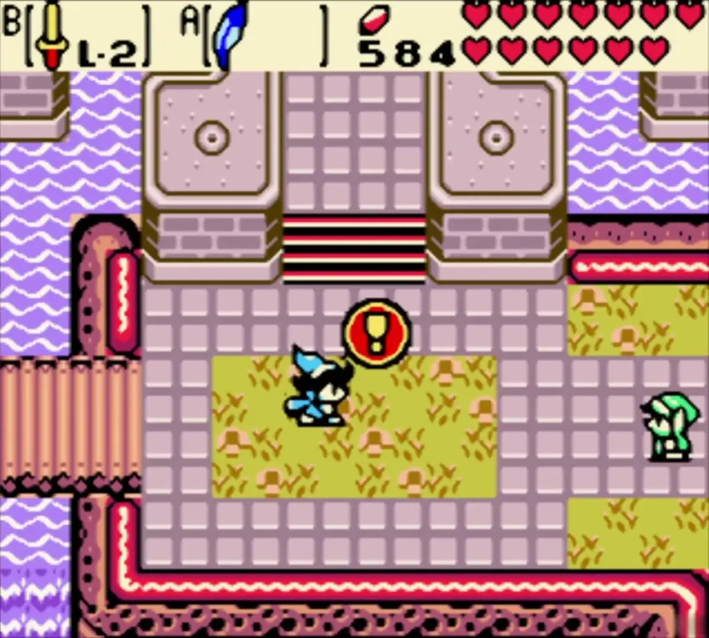 Ralph waiting on the paving in front of Ambi's Palace in the past, Link approaching Ralph waiting on the paving in front of Ambi's Palace in the past, Link approaching