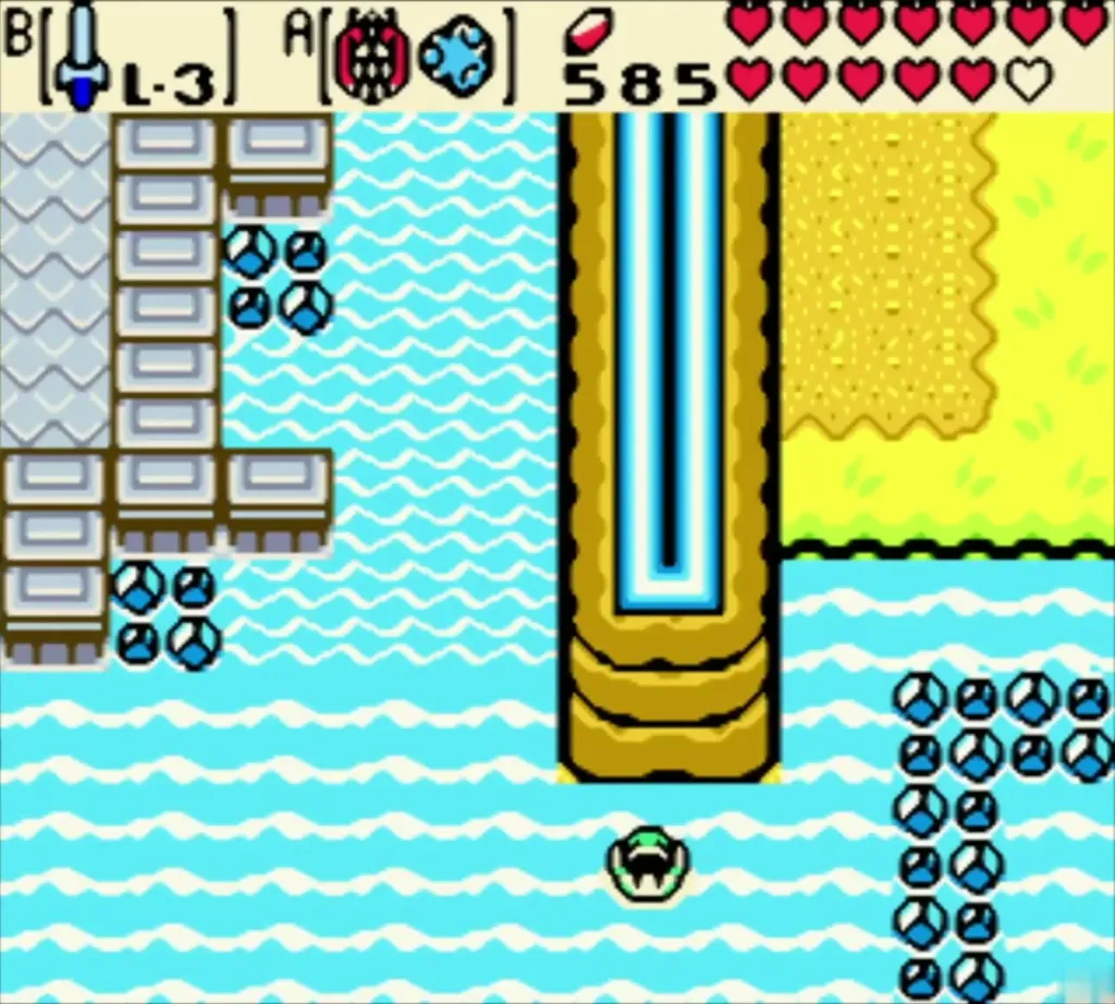 Link swimming past a stone pier and a string of whirlpools Link swimming past a stone pier and a string of whirlpools