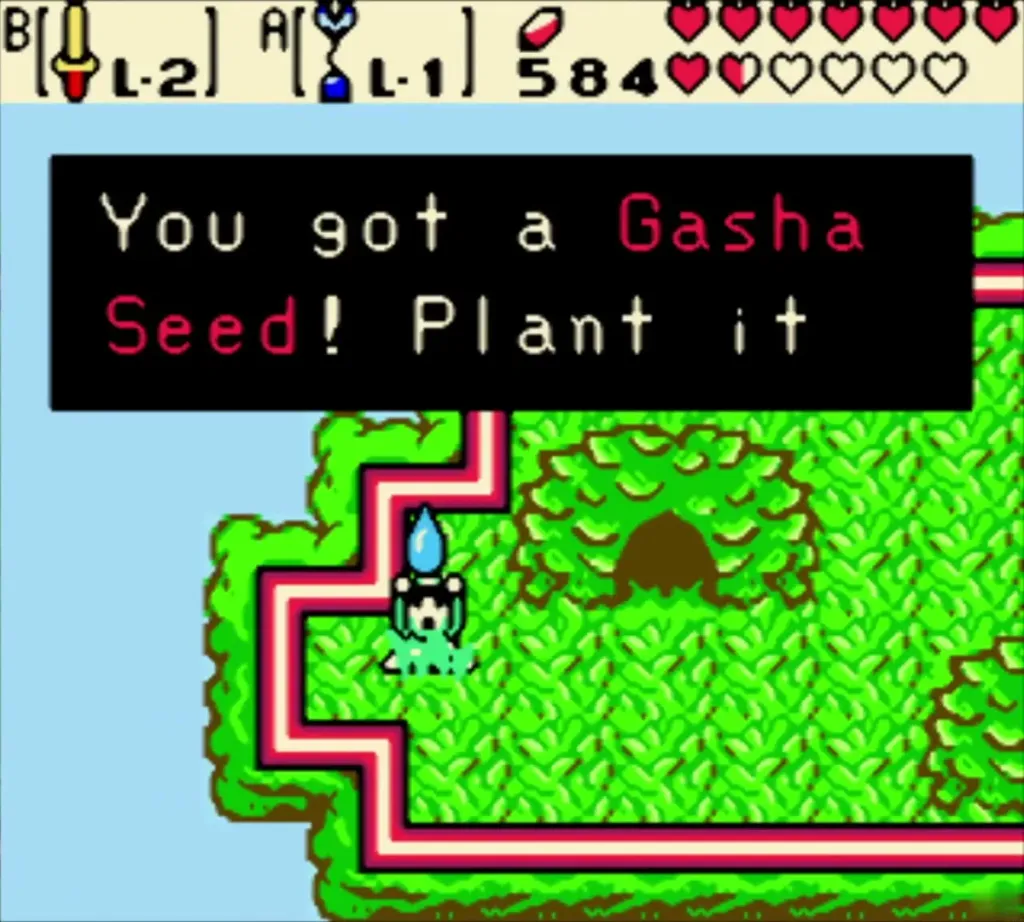 Link holding up the second Gasha Seed with the item box on the canopy Link holding up the second Gasha Seed with the item box on the canopy