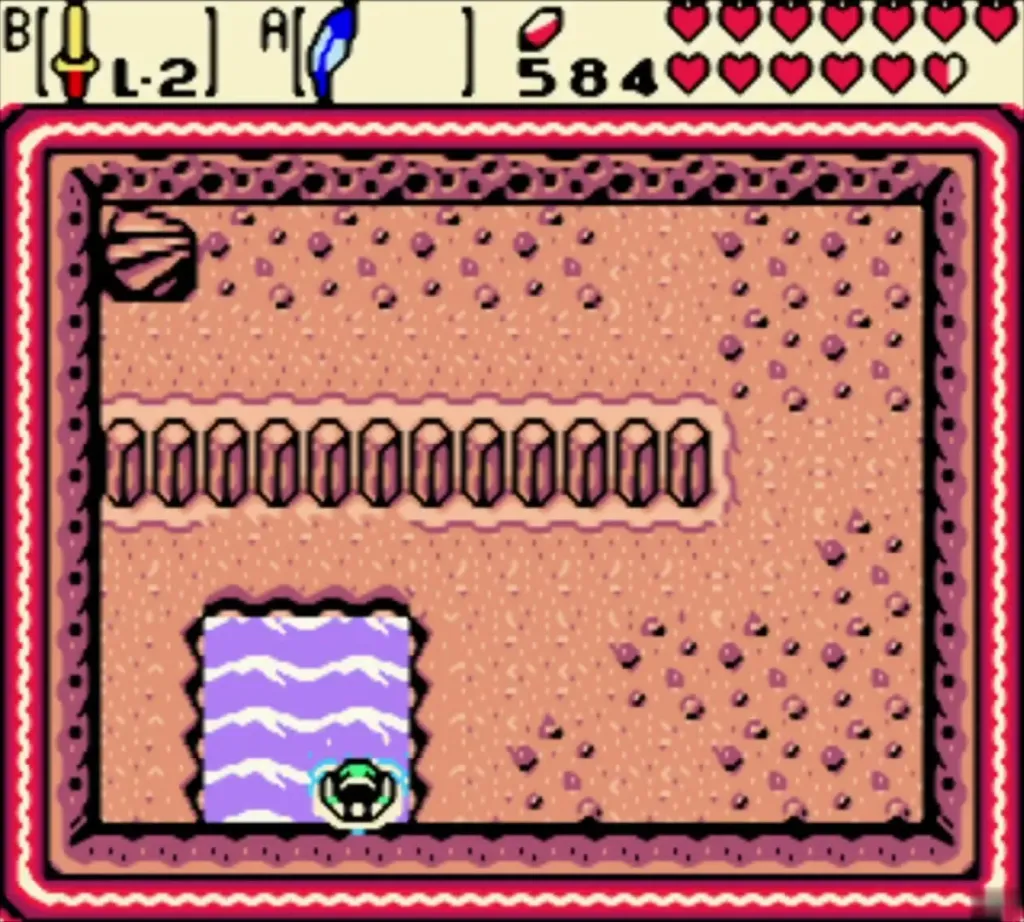 Link in the pool at the bottom of the red-bordered room at the far end of the passage Link in the pool at the bottom of the red-bordered room at the far end of the passage