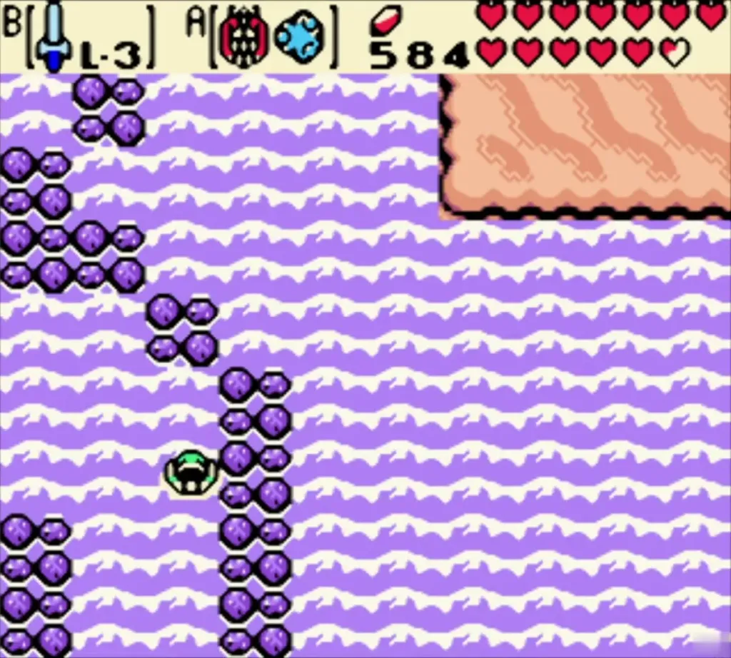 Link swimming through the purple sea past dark reef rocks Link swimming through the purple sea past dark reef rocks