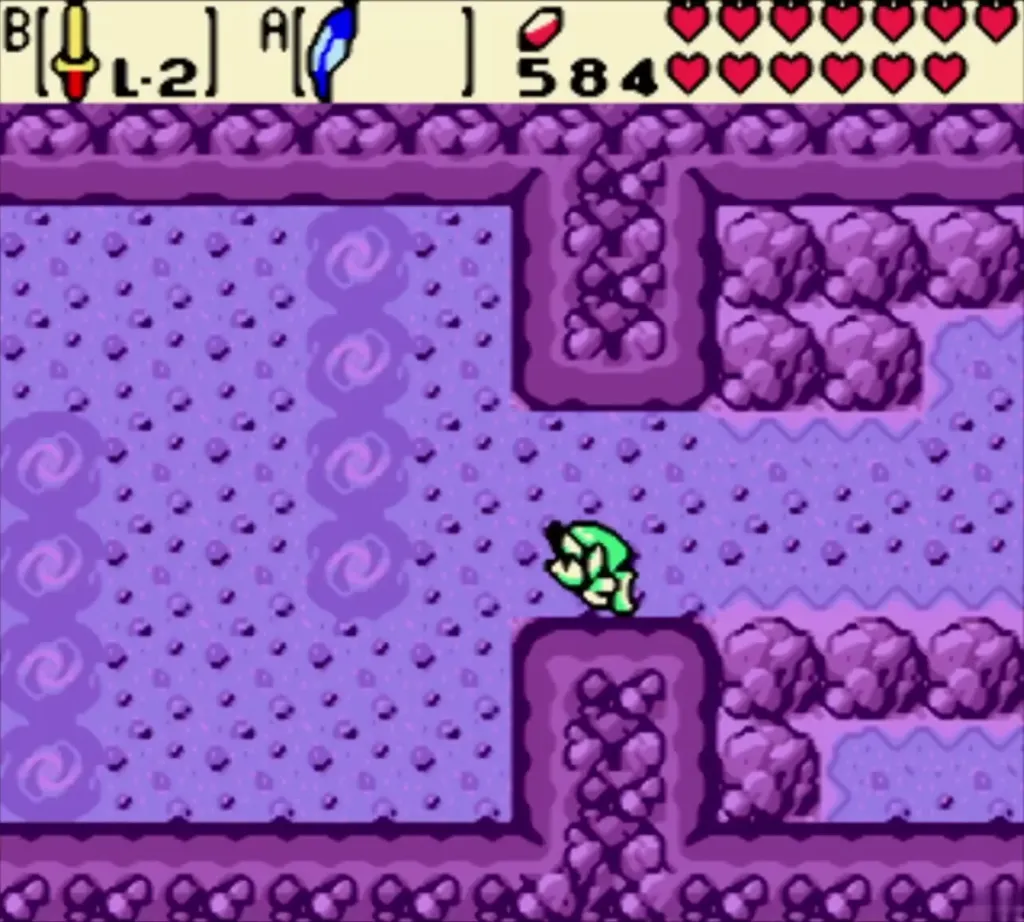 Link swimming west through the purple underwater passage beside whirlpools Link swimming west through the purple underwater passage beside whirlpools