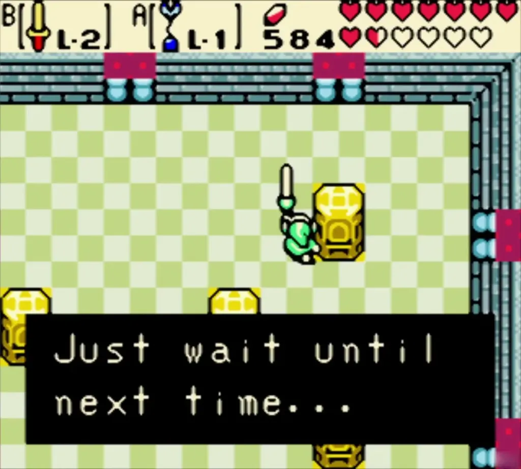 Link with sword raised as Veran says to wait until next time Link with sword raised as Veran says to wait until next time
