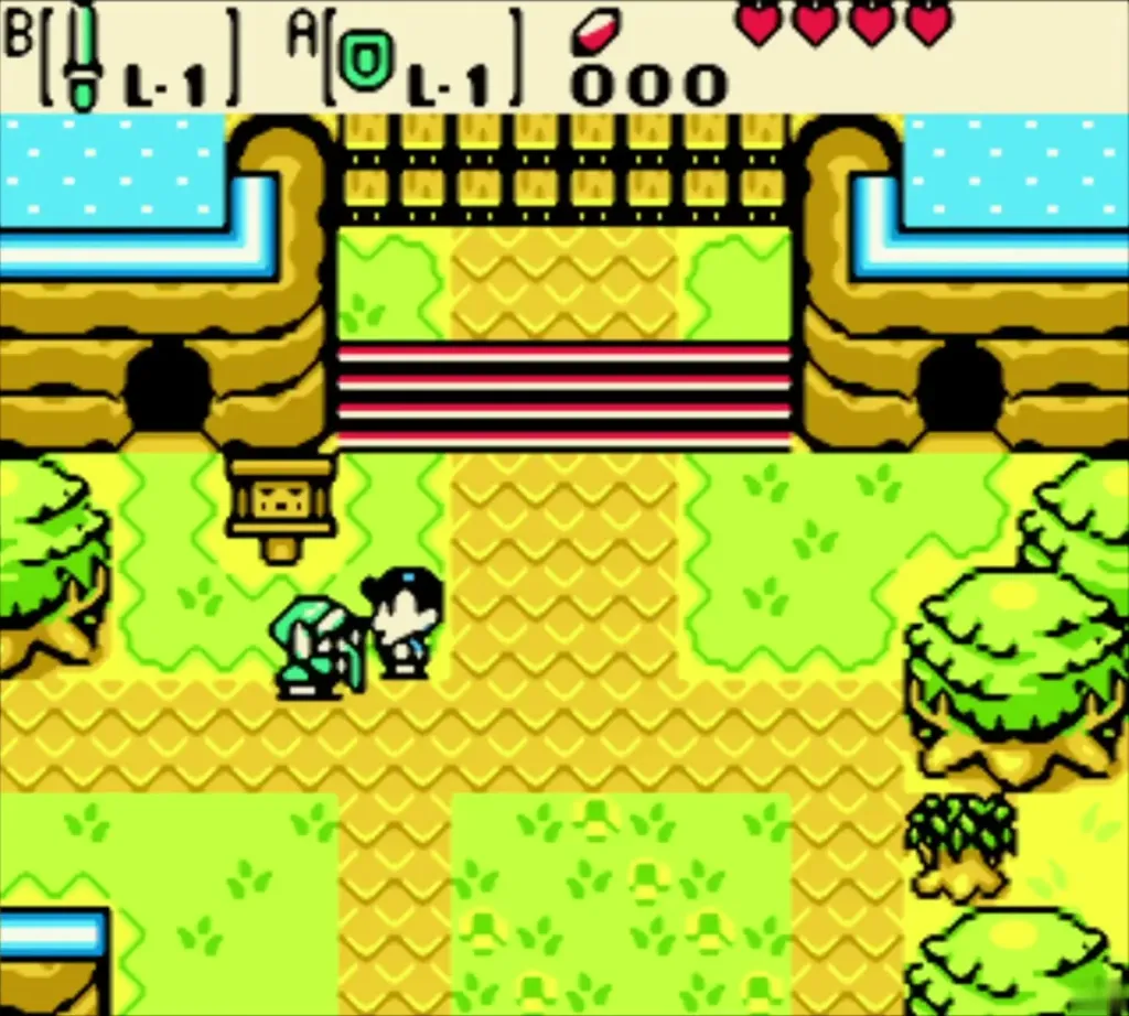 Link walking up the road toward the Maku Path gate in Lynna City