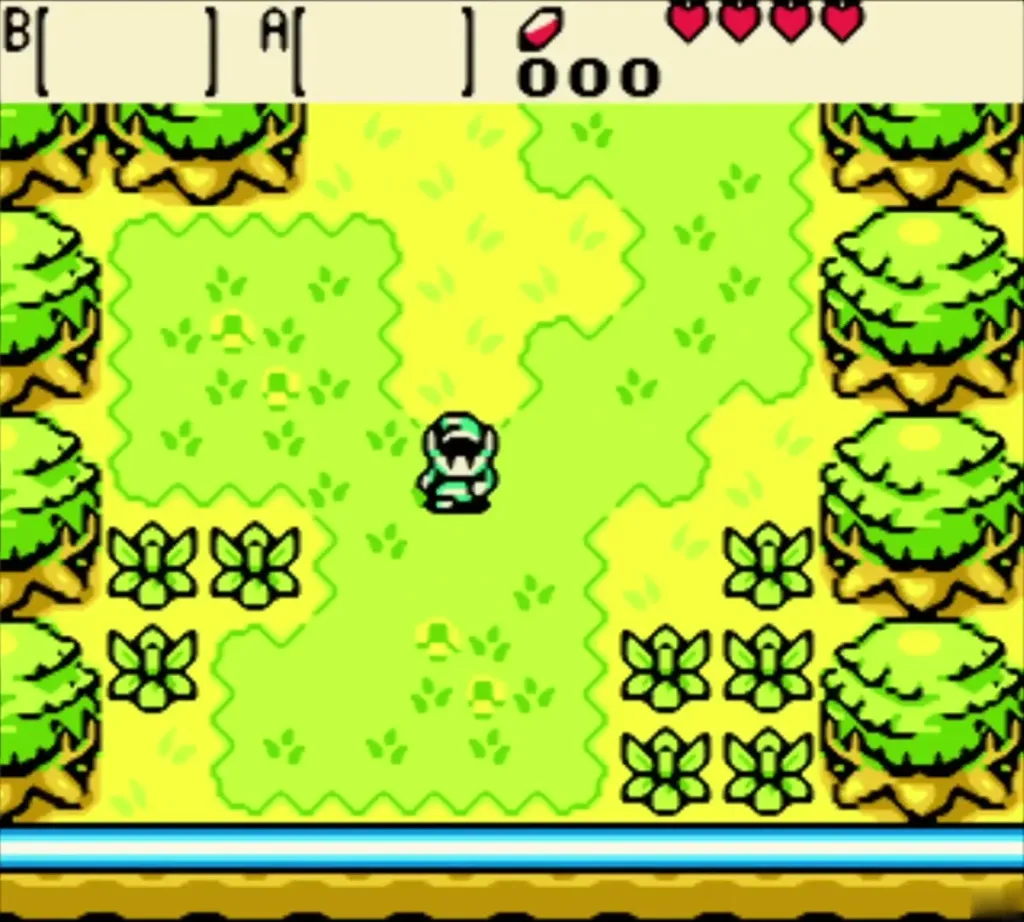 Link at the start of the Forest of Time with four hearts and empty item slots