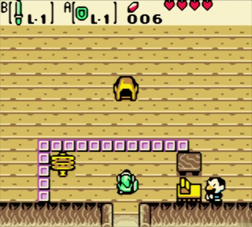 Link inside the shooting gallery house facing the attendant