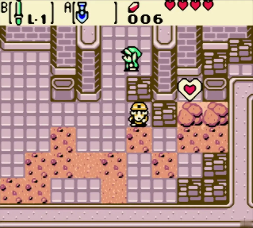 Link in the courtyard with the heart floating behind the ridge of rubble