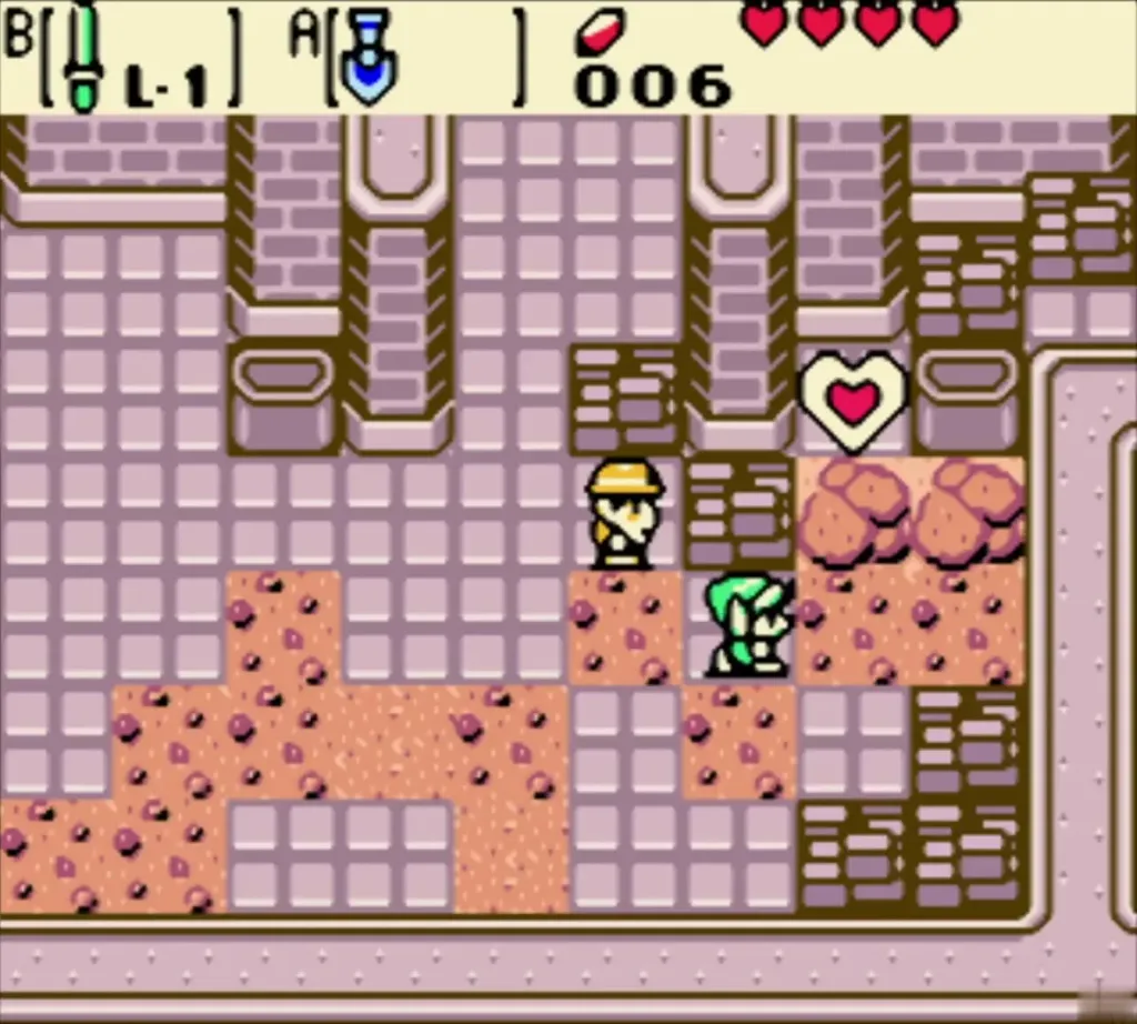 Link digging through the rubble toward the floating heart