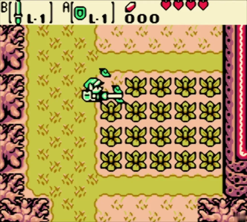 Link slashing rows of flower bushes in Lynna Village